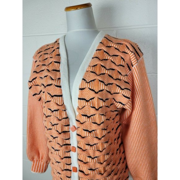 Vtg Womens Crazy Orange Wavy 3D Chunky Knit Cardigan Sweater Birdseye Stripe L? - Picture 2 of 11
